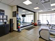 Fitness Center With Towel Station, Water Cooler, Weight Balls, Mirrored Wall, Red Exercise Ball, Free Weights, TV, and Cardio Equipment