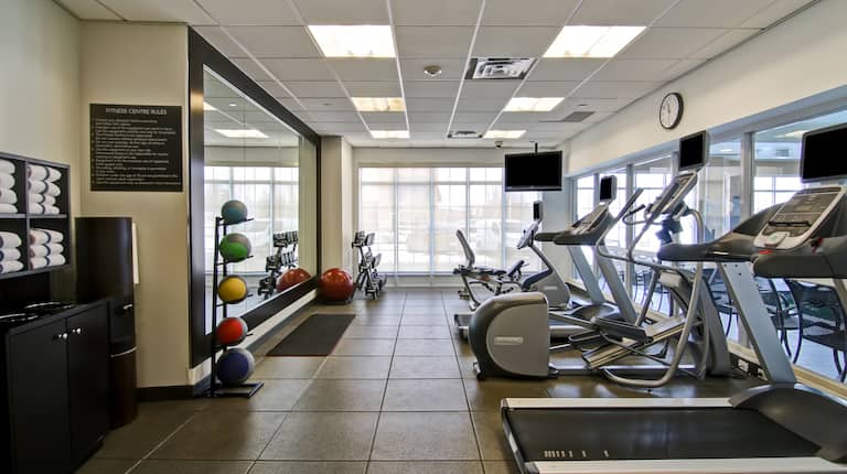Fitness Center With Towel Station, Water Cooler, Weight Balls, Mirrored Wall, Red Exercise Ball, Free Weights, TV in Corner, Wall Art, and Cardio Equipment Facing View of Pool