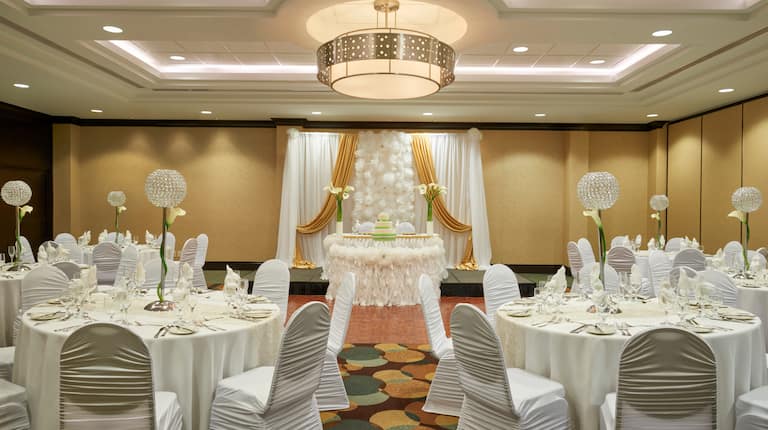 Banquet room decorated for wedding reception