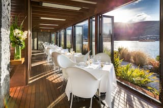 Wakatipu Grill Terrace, Linen Covered Dining Tables with Sea and Mountain Views